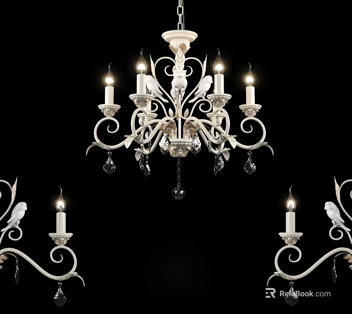 Elegant White Metal Chandelier With Crystal Pendants And Candle Shaped Bulbs 3d model 