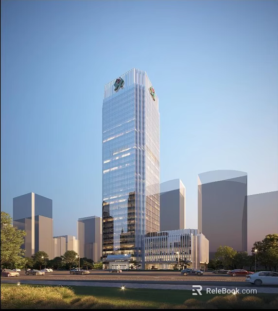 Tall Modern Office Building Featuring Glass Facade With Urban Skyline And Surrounding Structures 3d model 