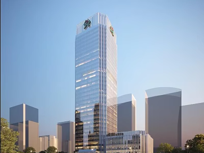Tall Modern Office Building Featuring Glass Facade With Urban Skyline And Surrounding Structures 3d model