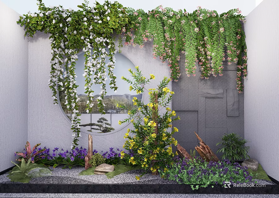 Vines Covering Wall with Hanging Green Leaves White Pink Blooms by Circular Window Mountain View 3d model 