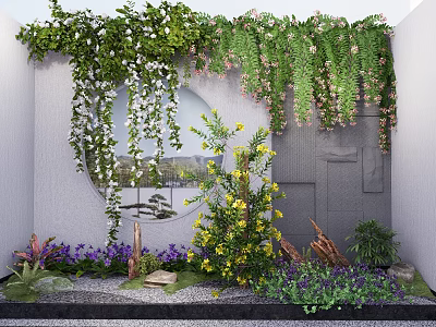 Vines Covering Wall with Hanging Green Leaves White Pink Blooms by Circular Window Mountain View 3d model