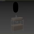 Modern Minimalist Beige Washbasin With Metal Frame Stand Oval Mirror And Storage Cabinet