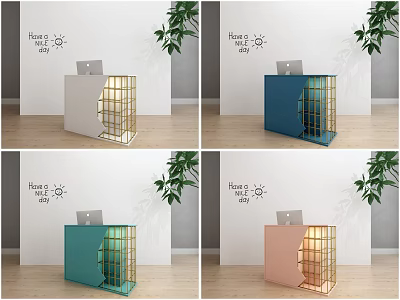 Modern Colorful Reception Desk Design With Metal Frame Lighting And Green Plants 3d model