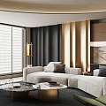 Contemporary Luxury Living Room With Soft Fabric Sofas Marble Coffee Tables And Open Connected Kitchen
