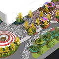 Vibrant Park Landscape with Colorful Circular Structures Red White Concentric Ground Yellow Trees Green Lawn