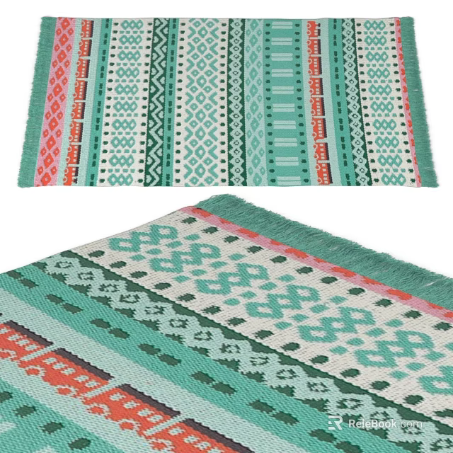 Modern Square Rug With Teal White Red Colors Geometric Patterns Stripes And Fringe Edges 3d model 