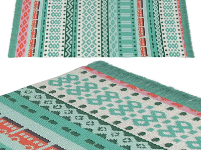Modern Square Rug With Teal White Red Colors Geometric Patterns Stripes And Fringe Edges 3d model