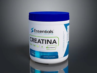Essentials Creatina 100% Pure Clean Fitness Nutrition Powder White Jar Blue Lid 3d model