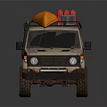 Beige Off Road Vehicle with Orange Kayak Blue Storage and Red Gear on Roof Rack