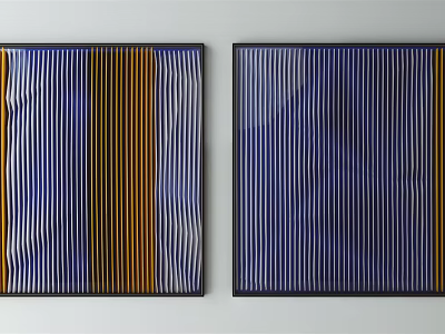 Two Framed Striped Artworks With Blue Orange White Patterns Hanging On Wall 3d model