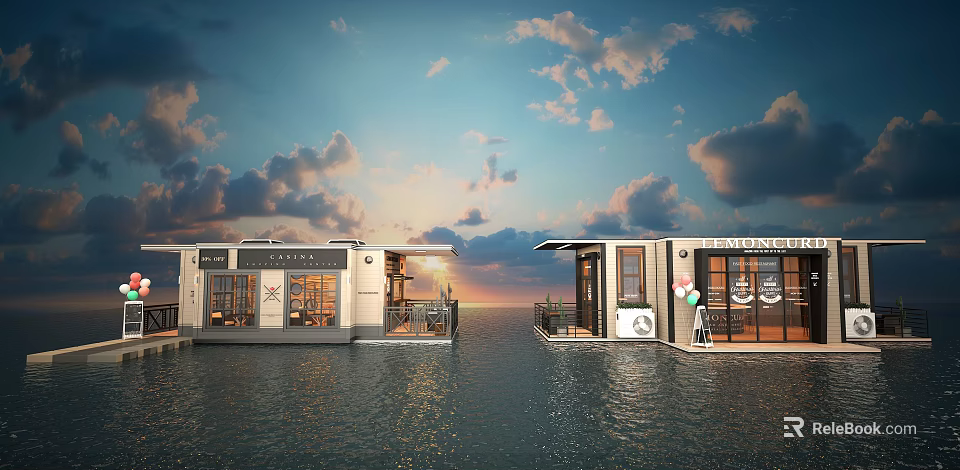 Floating Restaurant Buildings With Glass Windows Terrace And Sunset Over Water 3d model 