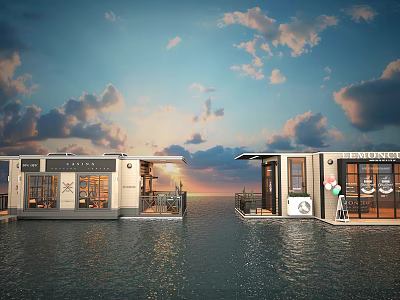 Floating Restaurant Buildings With Glass Windows Terrace And Sunset Over Water 3d model