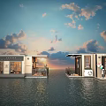 Floating Restaurant Buildings With Glass Windows Terrace And Sunset Over Water