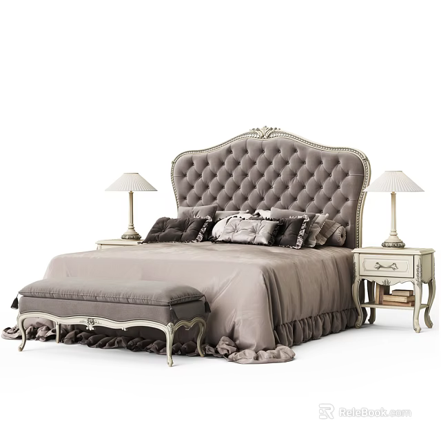 Elegant Double Bed with Tufted Headboard Bedside Tables Table Lamps and Gray Bed Bench 3d model