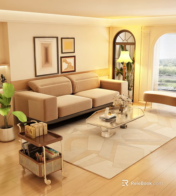 Cozy Living Room Interior With Beige Sofa Glass Coffee Table Decorative Paintings And Floor Lamp 3d model 