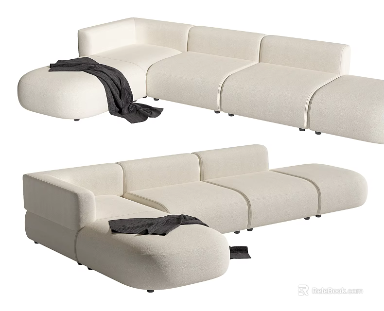 Modern Cream-Colored Modular Sectional Sofa With Chaise Lounge And Dark Blanket 3d model 