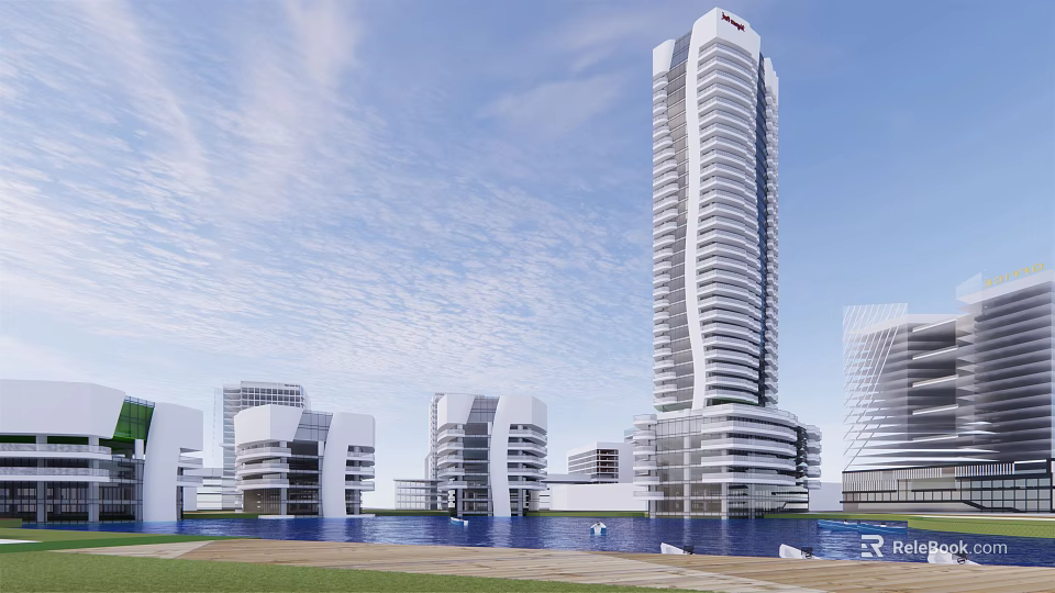 Modern Tall Office Building Architecture With Surrounding Buildings And Water Feature 3d model 