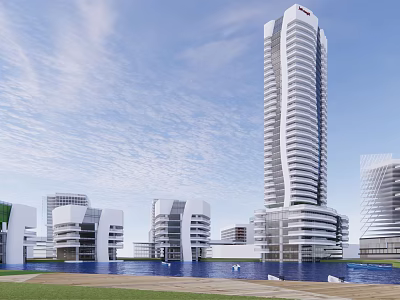 Modern Tall Office Building Architecture With Surrounding Buildings And Water Feature 3d model