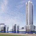 Modern Tall Office Building Architecture With Surrounding Buildings And Water Feature