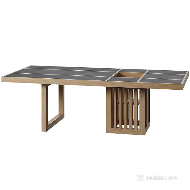 Modern Wooden Dining Table With Black Tabletop And Slatted Lattice Support Base Design 3d model