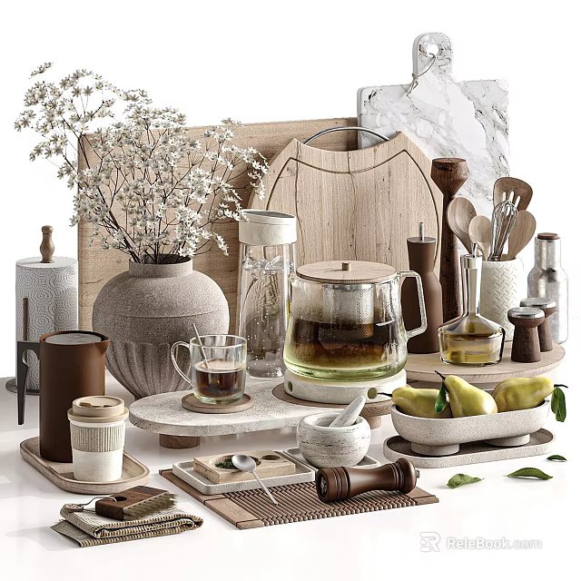Decorative Ornaments Set with Ceramic Vase Glass Teapot Wooden Cutting Board and Pears 3d model 