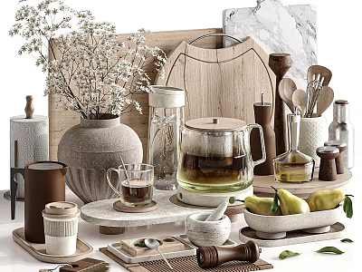 Decorative Ornaments Set with Ceramic Vase Glass Teapot Wooden Cutting Board and Pears 3d model
