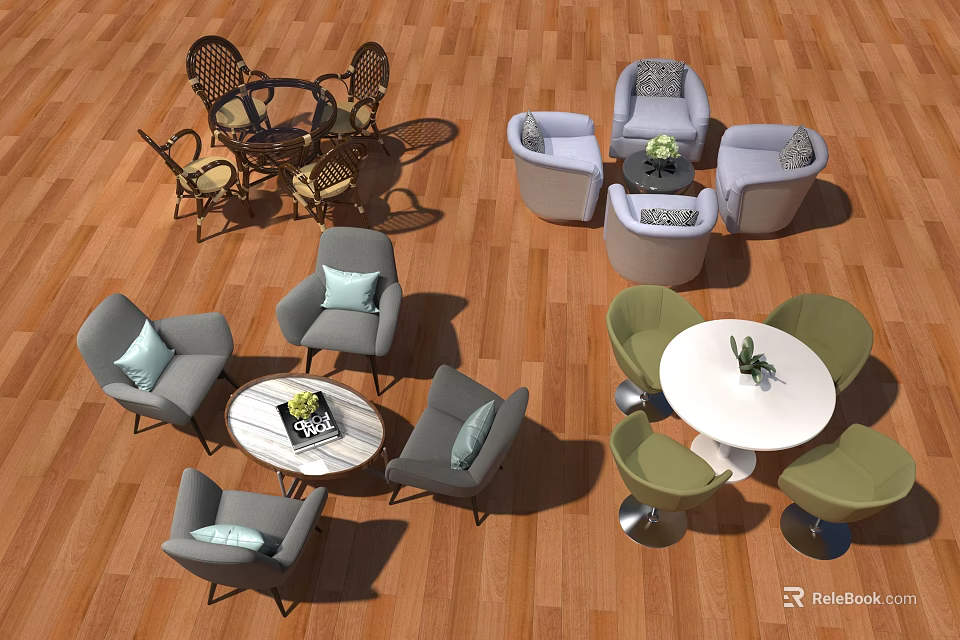 Gray And Green Leisure Chairs Interior Design With Round Tables And Decor 3d model 