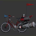 Red Bicycle With Front Basket Blue Horn Red Flag And Rear Rocket Like Device