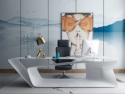Modern Stylish Office Desk With Gold Lamp Blue Decor Computer Monitor And Abstract Wall Art 3d model