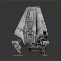 3D Model Spaceship With White Body Red Logo Mechanical Legs Worn Texture And Dark Background