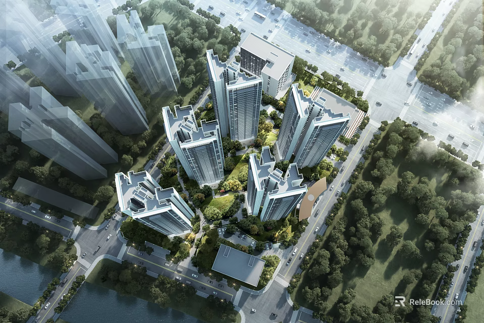 Aerial Planning of Modern High Rise Residential Area with Green Spaces and Roads 3d model 