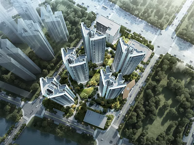 Aerial Planning of Modern High Rise Residential Area with Green Spaces and Roads 3d model