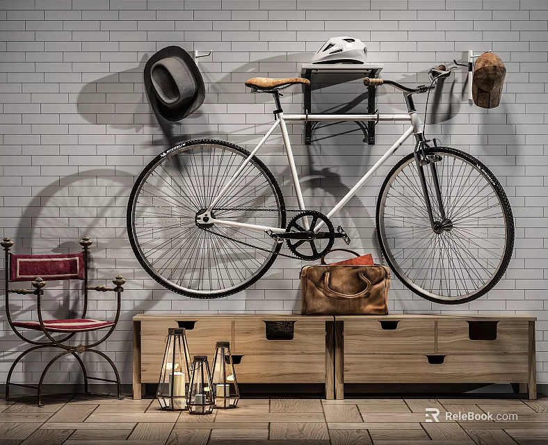 Wooden Entryway Console Table With Bicycle Hat Helmet Brown Bag And Red Chair 3d model 