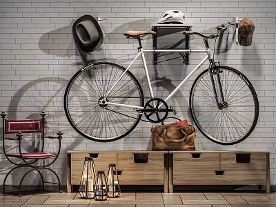 Wooden Entryway Console Table With Bicycle Hat Helmet Brown Bag And Red Chair 3d model