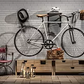 Wooden Entryway Console Table With Bicycle Hat Helmet Brown Bag And Red Chair