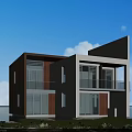Modern Detached Villa White Brown Exterior With Glass Balcony Large Windows And Waterfront Lawn