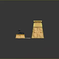 Cartoon Egyptian Themed Scene with Stone Brick Towers Gateway and Blue Statues on Carpet