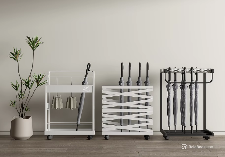 Practical Modern Storage Racks with Wheels Umbrella Holders and Hooks for Home Organization 3d model 