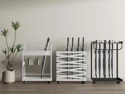 Practical Modern Storage Racks with Wheels Umbrella Holders and Hooks for Home Organization 3d model