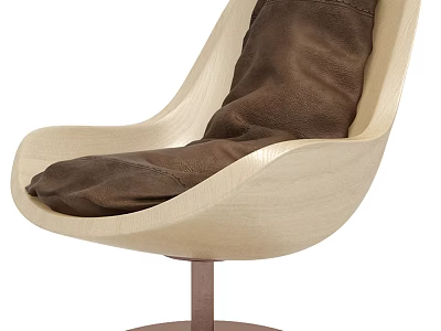 Modern Lounge Chair With Light Wooden Frame Brown Leather Cushion And Curved Backrest 3d model