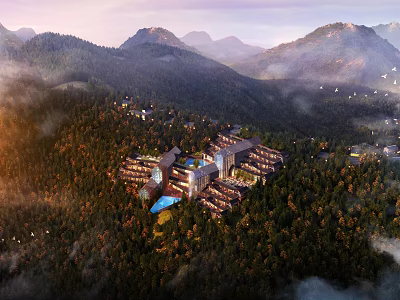 Elegant Mountain Resort Hotel Building Surrounded By Forest With Blue Pool And Scenic Views 3d model
