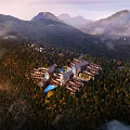 Elegant Mountain Resort Hotel Building Surrounded By Forest With Blue Pool And Scenic Views