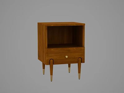 Wooden Brown Bedside Table With Single Drawer Round Golden Handle And Slim Legs 3d model