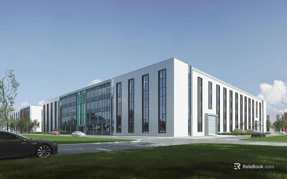 Modern Industrial Factory Building With White Exterior And Large Glass Windows 3d model 