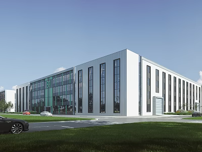 Modern Industrial Factory Building With White Exterior And Large Glass Windows 3d model