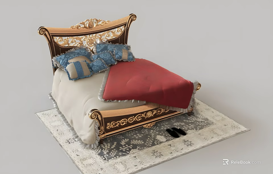 Ornate Double Bed With Carved Headboard Blue Gray Pillows Red Blanket And Patterned Rug 3d model 