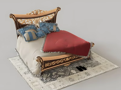 Ornate Double Bed With Carved Headboard Blue Gray Pillows Red Blanket And Patterned Rug 3d model