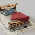 Ornate Double Bed With Carved Headboard Blue Gray Pillows Red Blanket And Patterned Rug