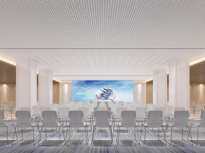 Modern Conference Room Interior Design With White Arranged Chairs And Large Digital Screen 3d model