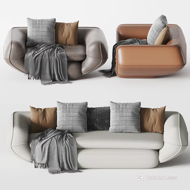 Modern Sofa Combination with Gray Brown Beige Sofas Plaid Pillows and Soft Knitted Blanket 3d model